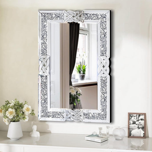 Crushed Diamond Decorative Wall Mirrors, 27.7x39.5 Inch Rectangle Living Room Mirrors for Wall Decor, Modern Glam Bathroom Dining Room Entryway Mirror Silver