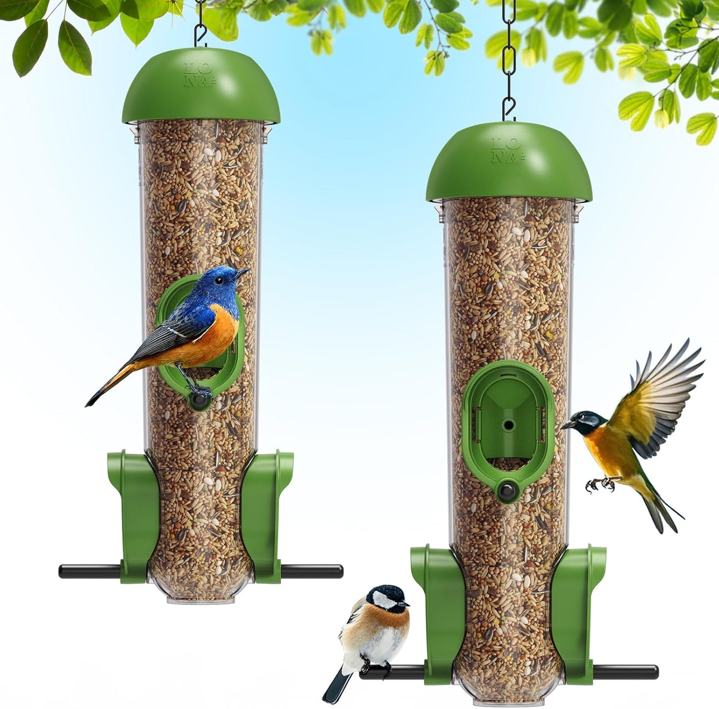 LONA Bird Feeders for Outdoors 2 Pack, Tube Feeder Weatherproof with Multiple Hanging Methods, Wild Bird Feeding Silo for Outside, 3 Port