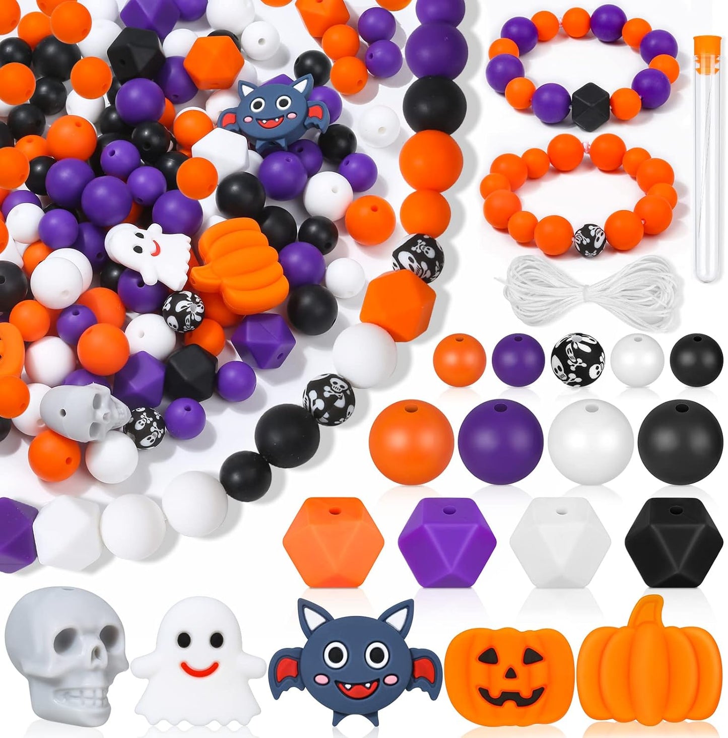 145 PCS Halloween Silicone Beads Kit - Round Loose Beads with Pumpkin Skull, Ghost, Bat & Polygonal Pastel Shapes for DIY Home Decor, Crafts & Jewelry Making