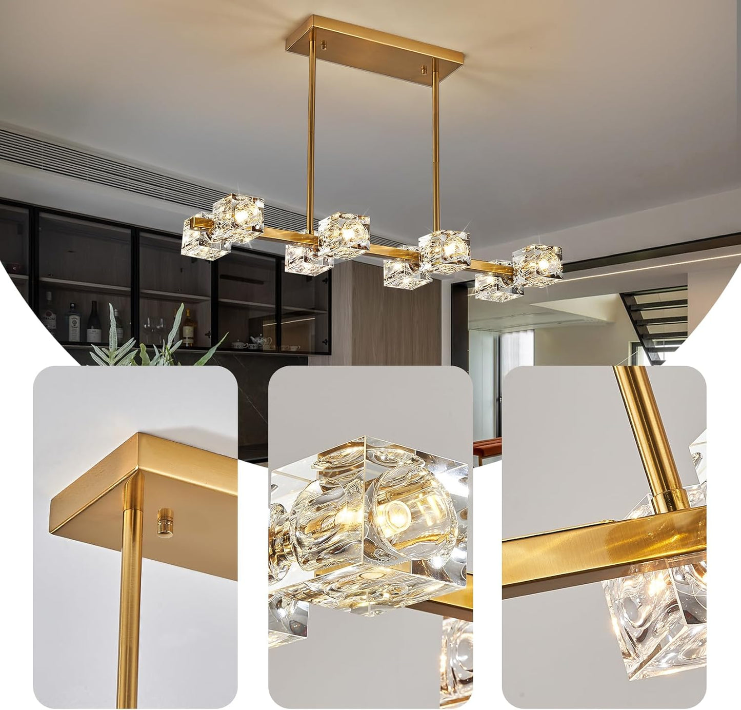 Dining Room Light Fixture,Gold Modern Crystal Chandelier Rectangular Pendant Light with 8 Light Farmhouse Chandeliers for Kitchen Island Dining Room Living Room Bedroom