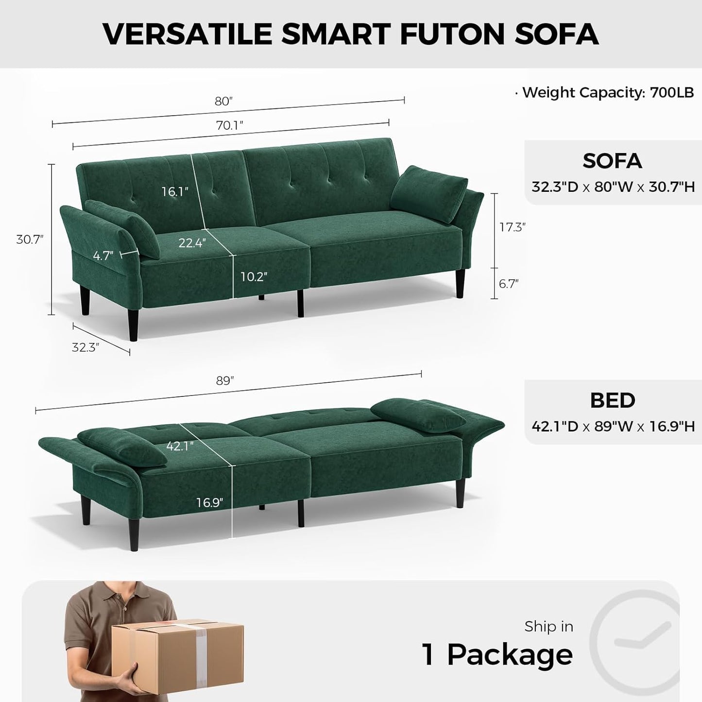 89” Futon Sofa Bed, Velvet Fabric Comfy Futon Couch Bed with 2 Square Pillows, Convertible Sleeper Sofa with Adjustable Backrest& Armrests, Modern Loveseat Sleeper for Living Room, Bedroom
