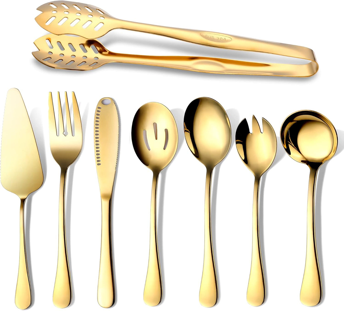 Gold Serving Utensils, OGORI 8-Piece Polished Stainless Steel Flatware Silverware Set Include Serving Spoon, Slotted Spoon, Cake Server, Soup Ladle, Fork, Salad Fork, Butter Knife, Serving Tong