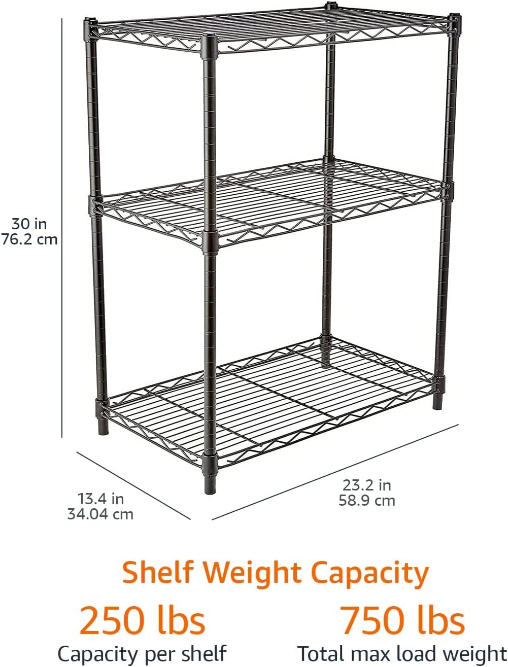 Amazon Basics 3-Shelf Adjustable Heavy Duty Steel Wire Rack Storage Shelving Organizer for Kitchen, Garage, 23.2" L x 13.4" W x 30" H, Black