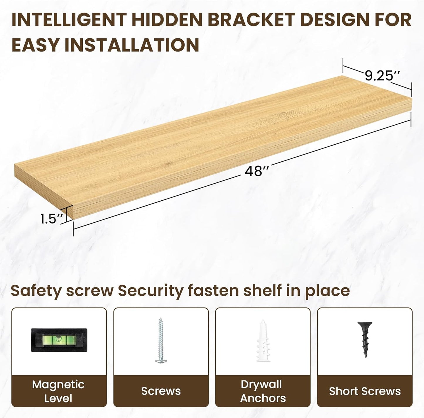 48 Inch Floating Shelves, 3D Textured Wood Grain, 48"x9.25"x1.5" Inch Deep Floating Shelves for Wall, Wooden Shelves for Bathroom, Bedroom, Living Room, Natural