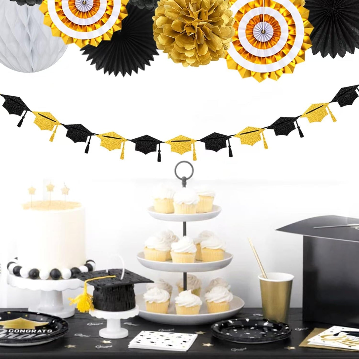 Black Gold Party-Decoration Graduation Banner - 14pcs Kits Cap Garland Streamers, Paper Tissue Pom Poms Flowers Fans Honeycomb,Class Of 2025 College High School Grad Decor Hugfond