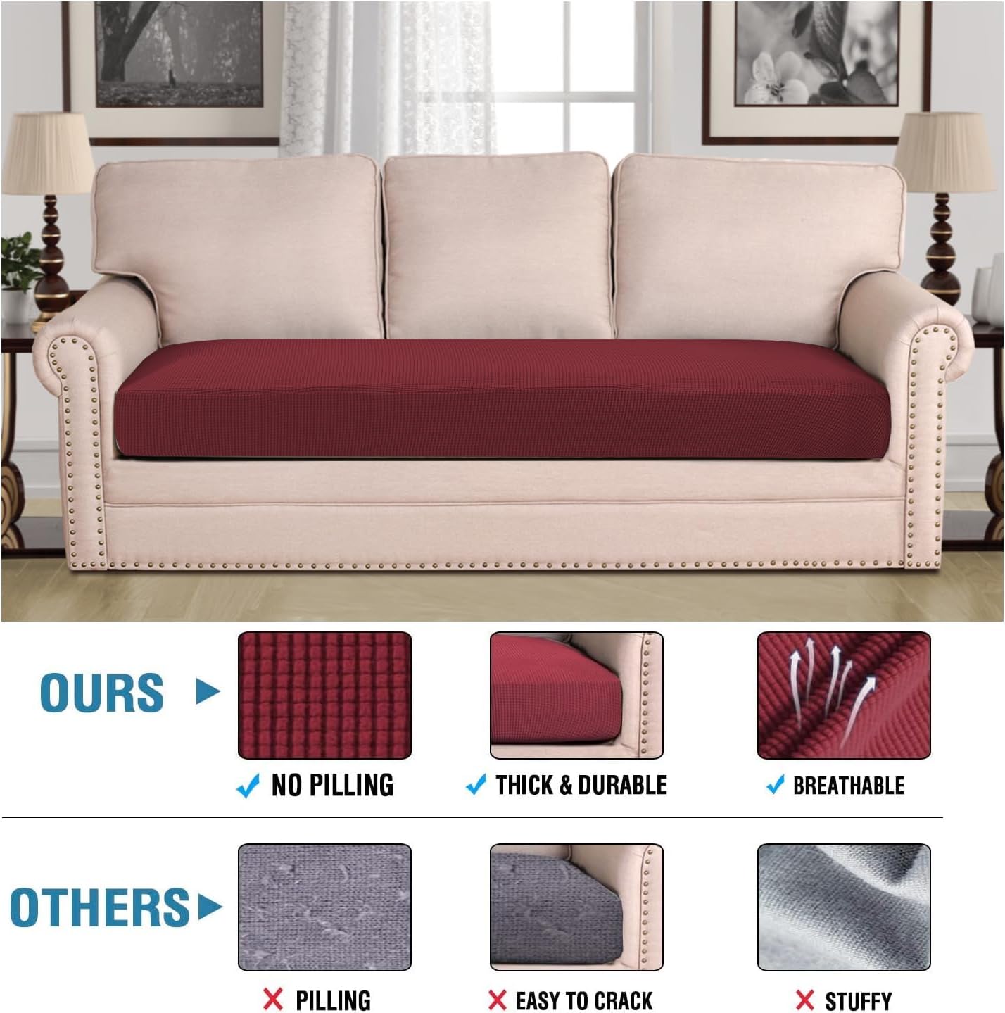 H.VERSAILTEX Super Stretch Individual Seat Cushion Covers Sofa Covers Couch Cushion Covers Slipcover Sets Thick Jacquard Textured Twill Fabric (1 Piece Sofa Cushion Cover, Burgundy Red)