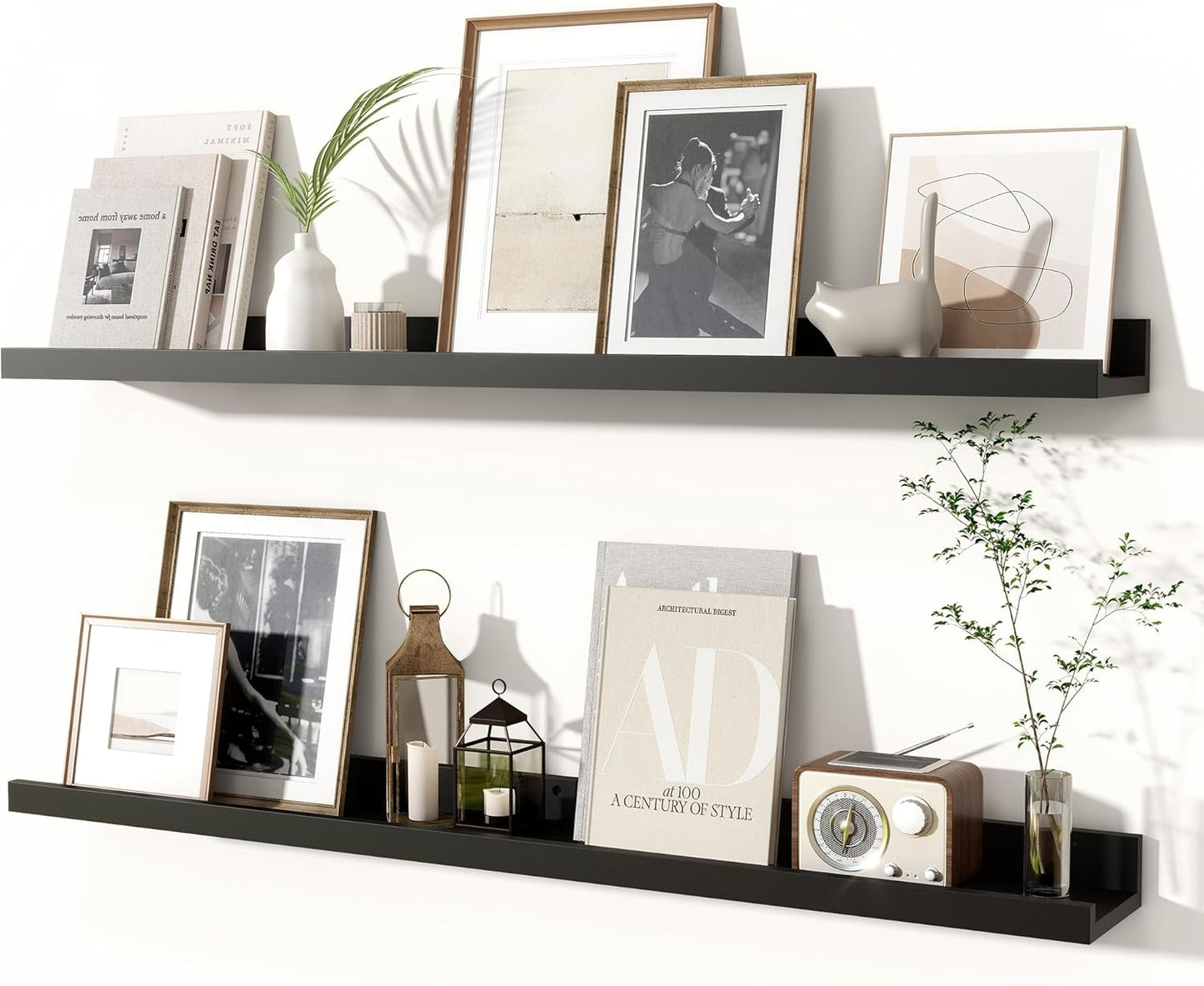 Fun Memories Picture Ledge Shelves Set of 2, 36 Inch Rustic Wall Mounted Floating Shelves with Lip for Home Storage and Décor in Bathroom, Kitchen, Nursery, Bedroom, Living Room, Black