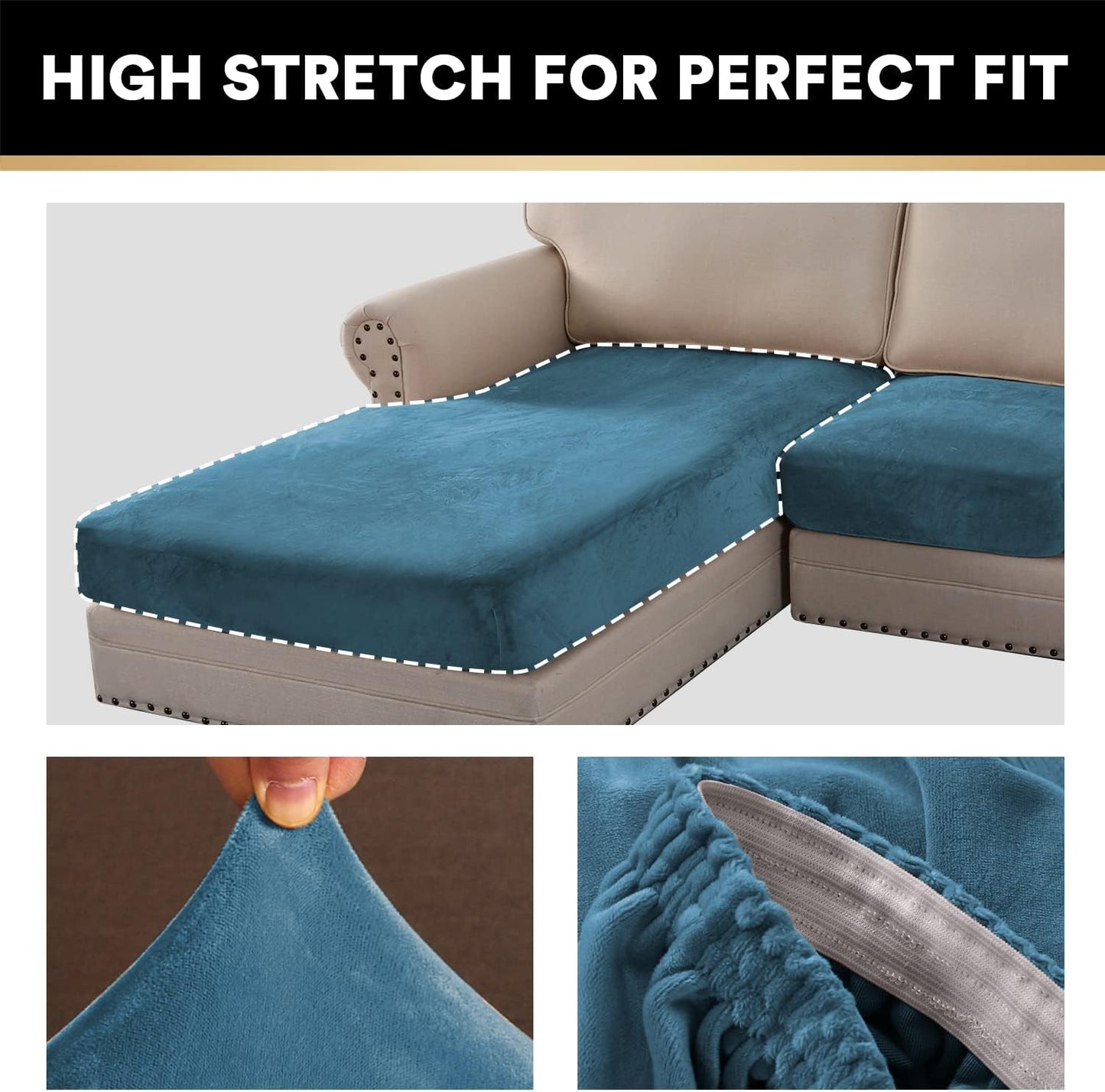 PrinceDeco Velvet Sectional Couch Covers, 4 Pieces, L Shape, Blue, 3 Seater + 1 Chaise