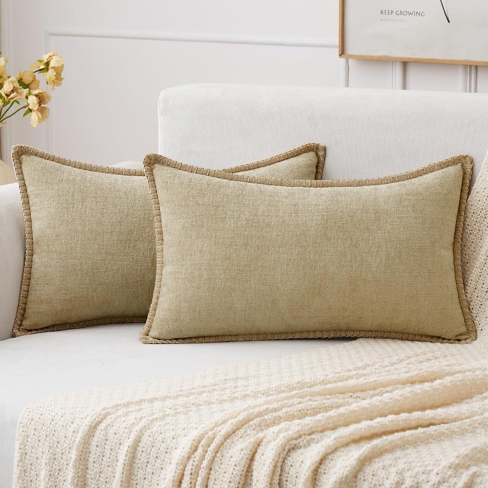 MIULEE Pack of 2 Couch Throw Pillow Covers 12x20 Inch Beige Farmhouse Decorative Pillow Covers with Stitched Edge Soft Chenille Solid Dyed Spring Pillow Covers for Sofa Bed Living Room