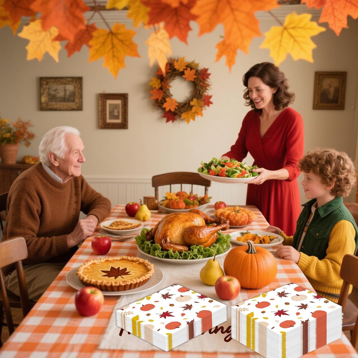 50 Pcs Fall Napkins 5 x 5 inch, 3 Ply Pumpkin Maple Leaves Paper Napkins Disposable Holiday Cocktail Napkins for Dinner Bathroom Autumn Thanksgiving Party Decorations (Fall)