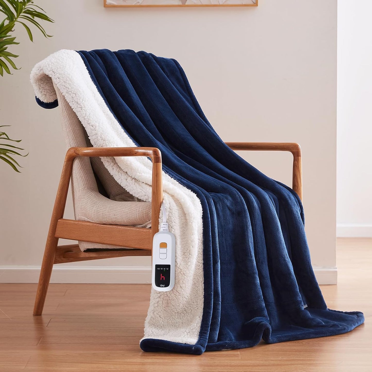 Sealy Electric Blanket Throw Size 50"*60",Super Cozy Flannel to Sherpa Reversible Heated Blanket Throw with 6 Heating Levels & 2-10 Hours Auto Off Overheating Protection Machine Washable,Navy