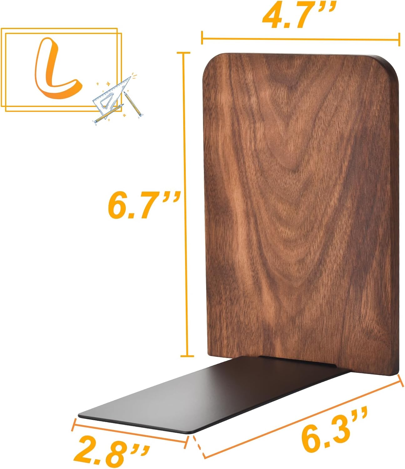 Book Ends, Black Walnut Wooden Bookends for Shelves - Heavy Duty Non-Slip Book Organizers, Upgraded Large Decorative Bookend Holders for Home, Kitchen, Office, Set of 2, Large