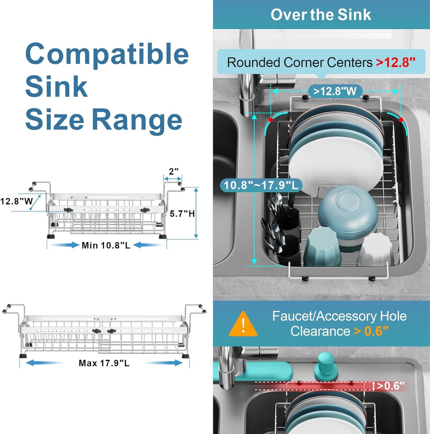 GSlife in Sink Dish Drying Rack - Stainless Steel Capacity Expandable Over The Sink Dish Drainer with Lock Knob and Utensil Holder for Kitchen Sink, 10.8"-17.9" L x 12.8" W, Silver