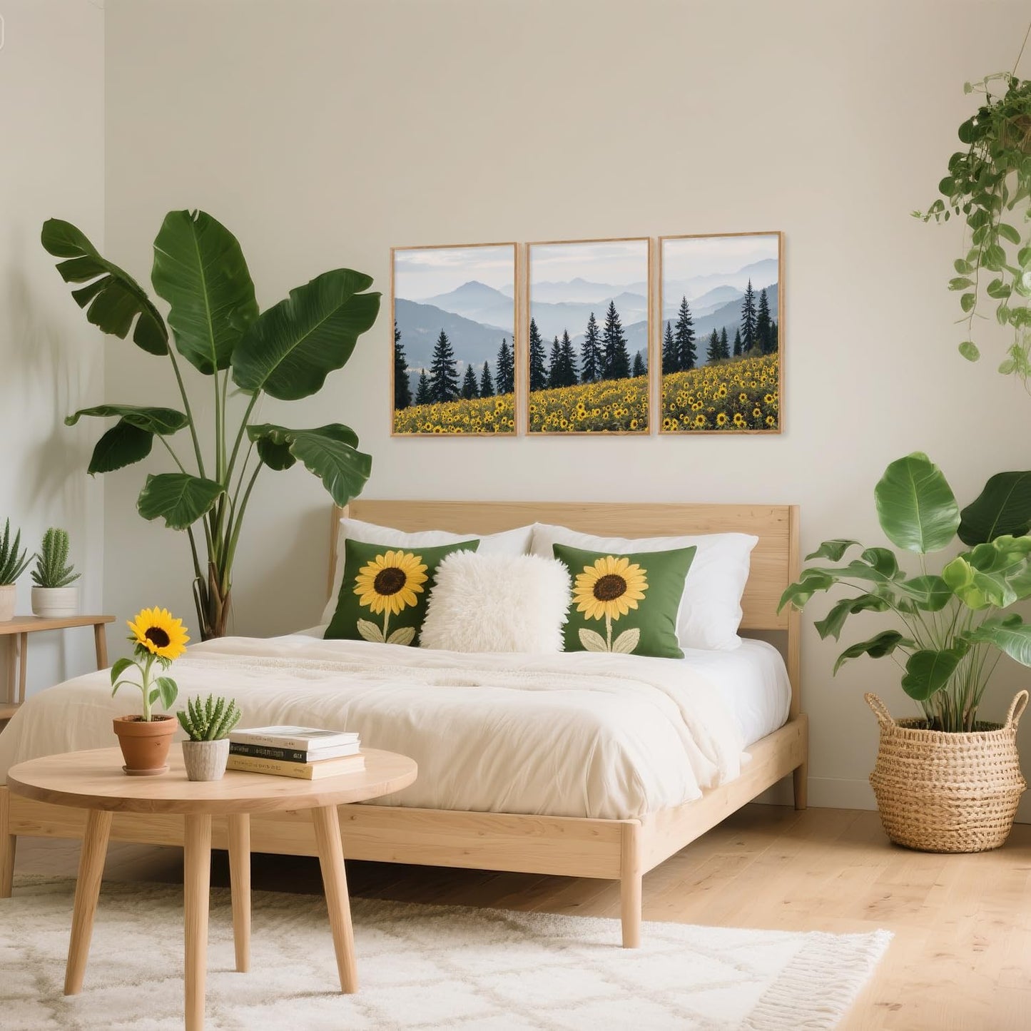 HPINUB Boho Sunflowers Landscape Framed Canvas Wall Art Set,Nature Pine Tree Wall Decor,Abstract Flowers Artwork Rustic Mountain Misty Forest Art Print for Living Room,Bedroom,Office-16 x24 x3