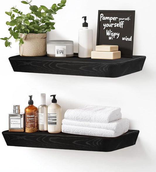16"x6.8"x1.6" Slanted Floating Wall Shelves 2-Pack - Rustic Black Finish, Heavy-Duty Solid Wood Design with Hidden Brackets - Perfect for Living Room, Kitchen, Bathroom, or Office