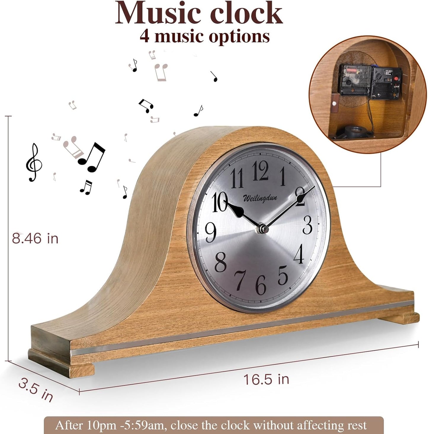 TXL Mantel Clock, Silent Wood Table Clock Battery Operated, Desk Shelf Vintage Clock for Living Room,Home Decor Gift, T20211