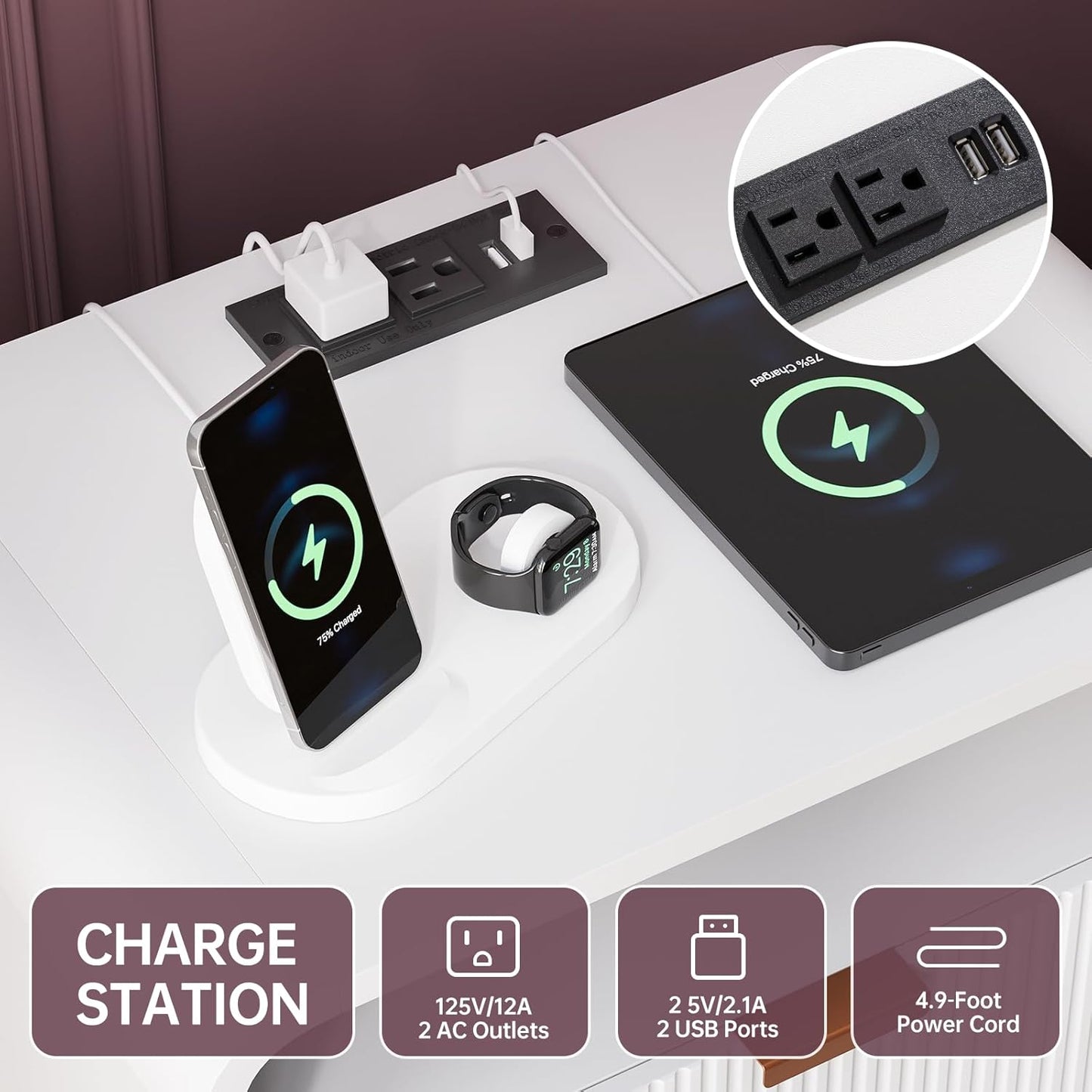 FURSUN 24" Fluted Nightstand Set of 2 with Charging Station, Wooden End Table with 2 Drawers Storage, Curved Profile Design, Modern Bedside Cabinet for Bedroom Living Room, White