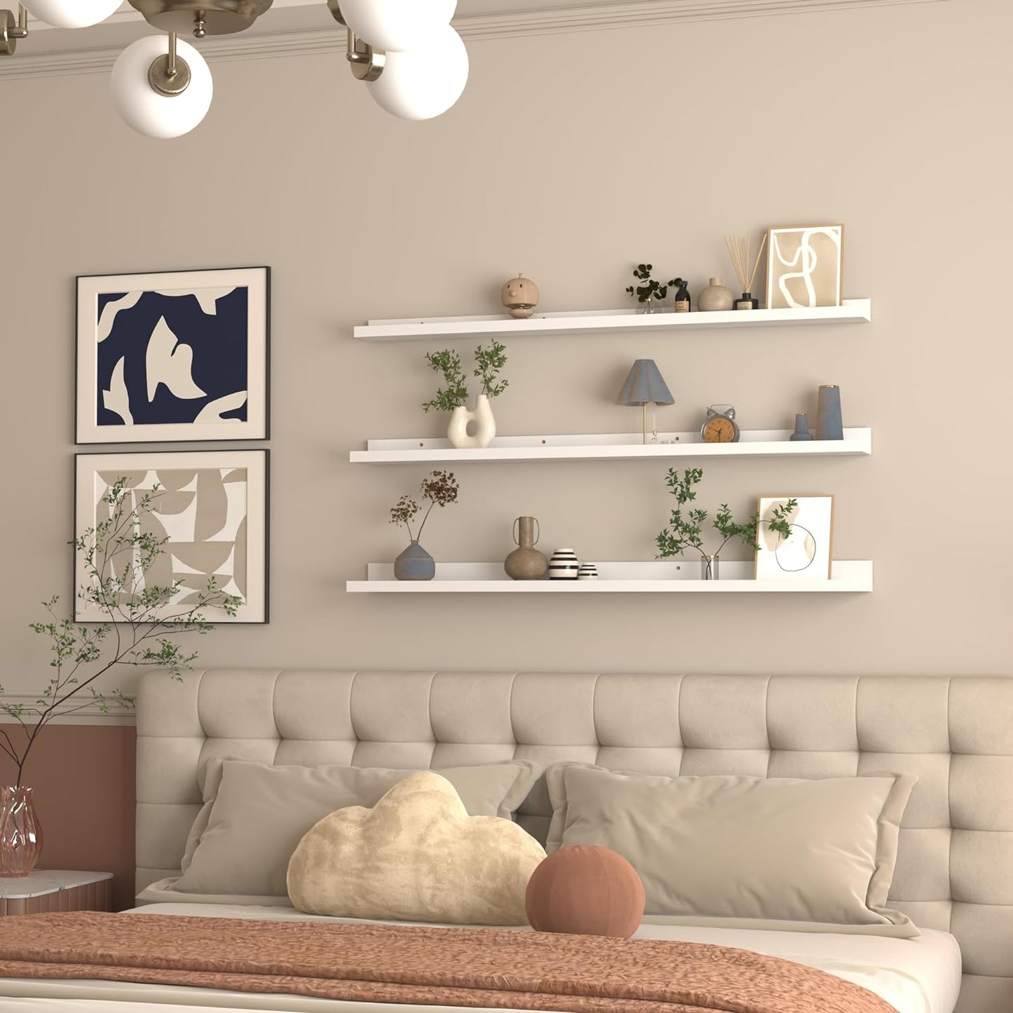 Giftgarden 47 Inch White Floating Shelves for Wall Mount, Modern Long Wood Wall Shelf Ledge for Bathroom Bedroom Living Room Kitchen Nursery Storage, Set of 3 Different Sizes