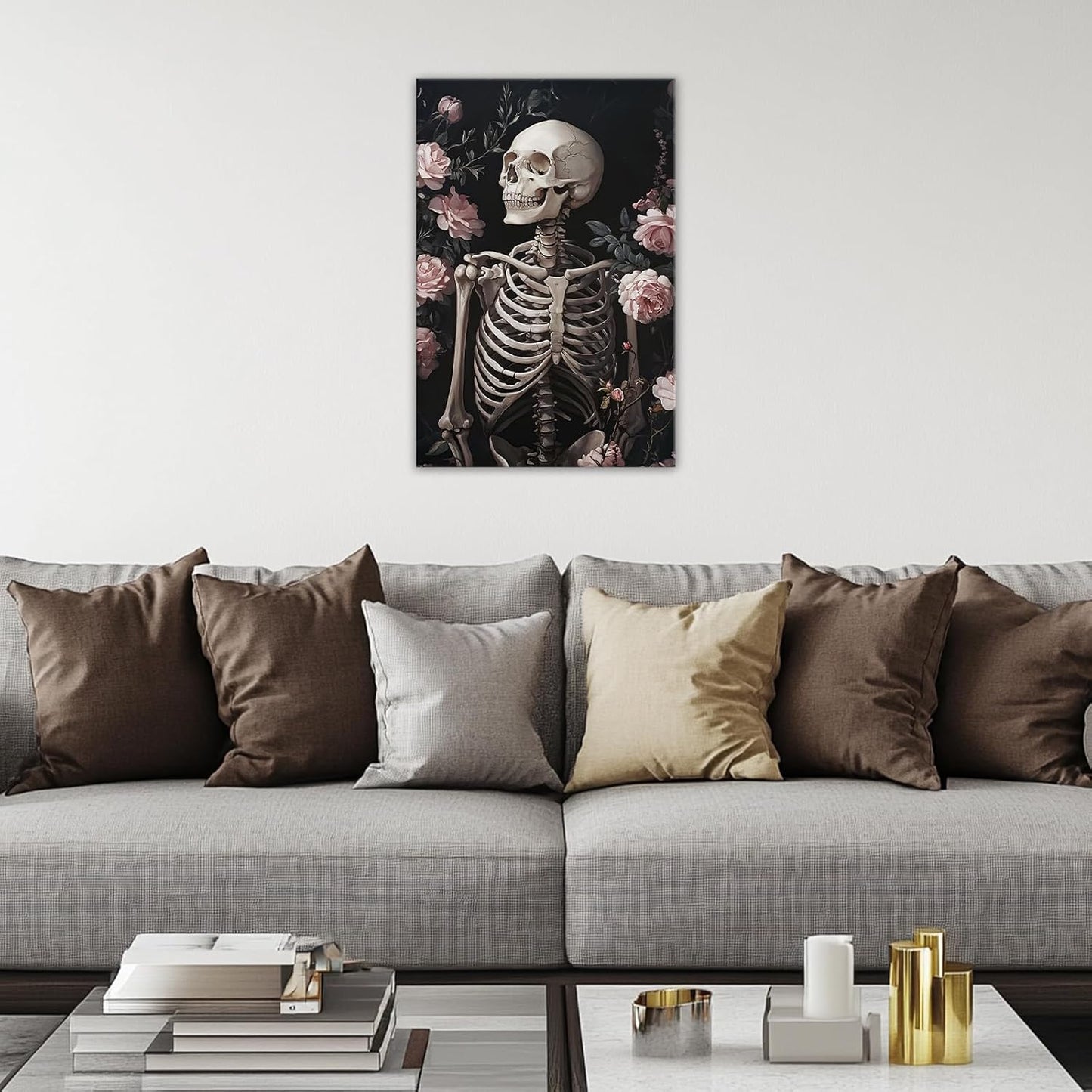 OAAPITI Skull Floral Wall Art Vintage Skeleton Portrait Canvas Print Dark Gothic Skull Art for Living Room Bedroom Home Wall Decor Ready to Hang(Artwork-10,28"x42")