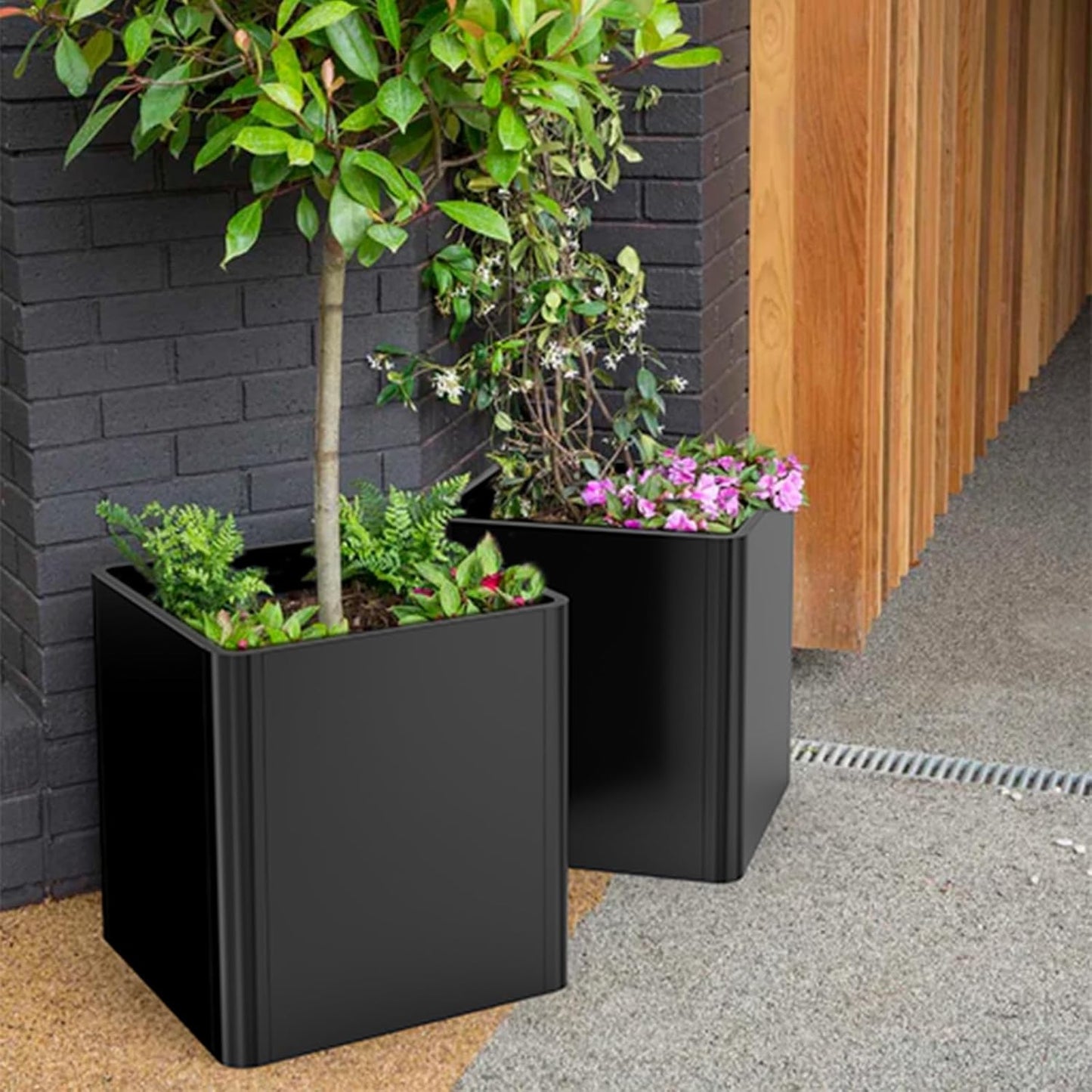 Metal Square Planter Box, Galvanized Steel Planters for Outdoor Plants, 24"x 24"x 25" Black Large Outdoor Planters with Drainage Hole for Porch/Patio/Garden