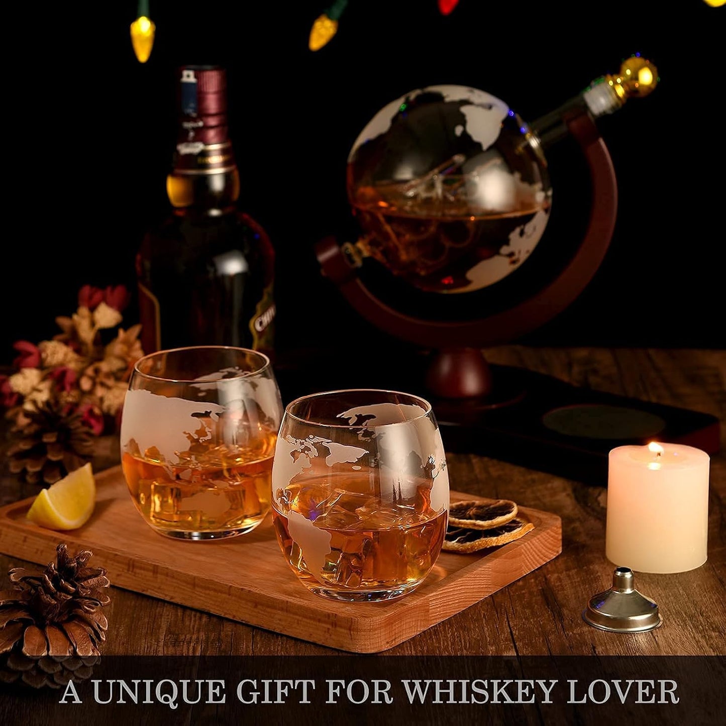 Gifts for Men Dad Husband from Wife Daughter Son, Unique Christmas Anniversary Birthday Gifts for Him, Whiskey Decanter Globe Set with 2 Glasses, Bourbon Scotch Liquor Cool Stocking Stuffers Presents