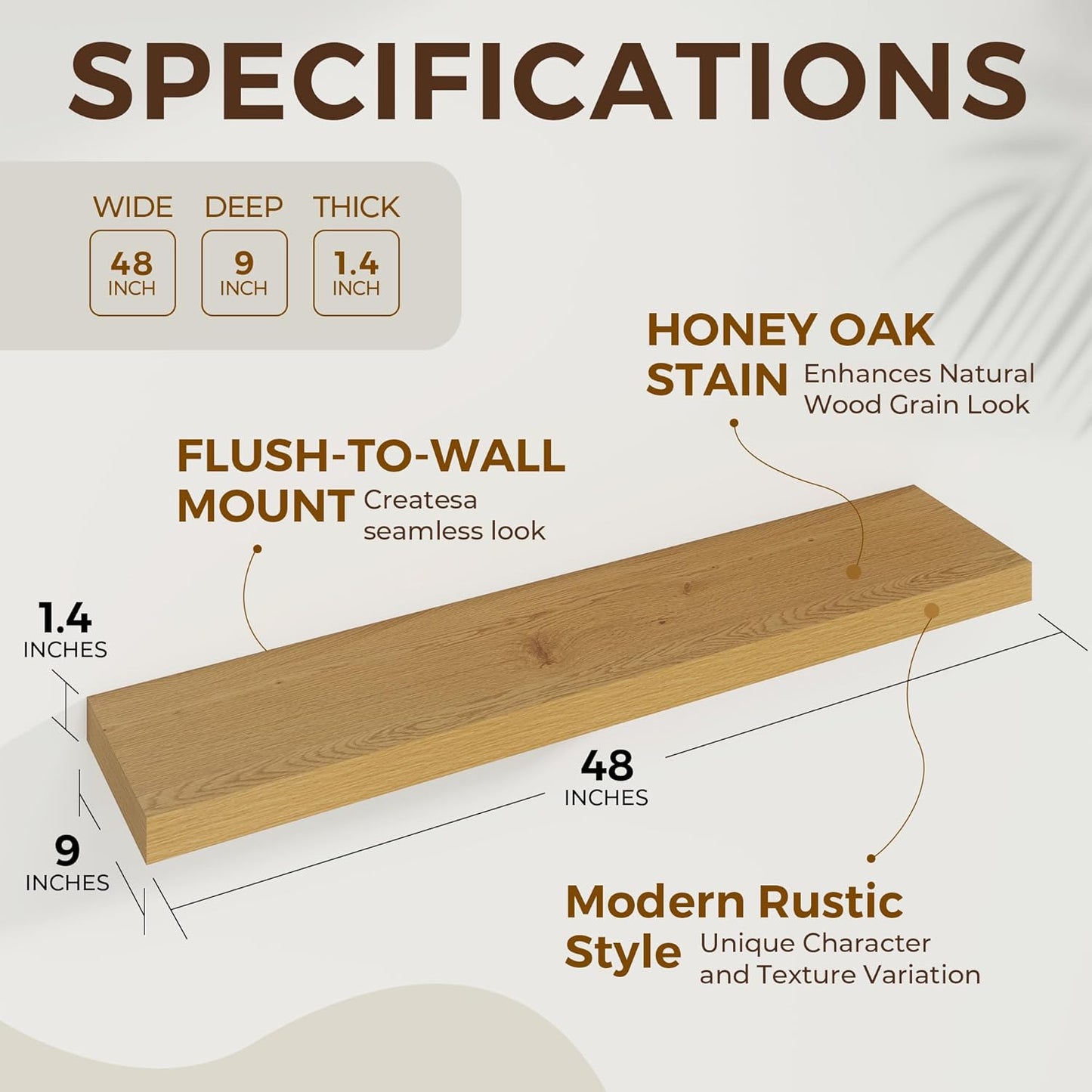 48 inch Floating Shelves for Wall Large Wall Mounted Shelves with Invisible Brackets, Oak Long Shelves for Bathroom, Living Room, Kitchen, Office, 48x9.1 inch deep Set of 2