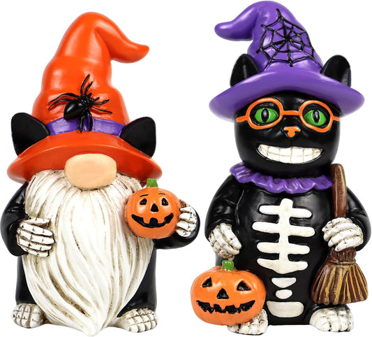 Halloween Gnome Decorations Black Cat Decor 2 PCS Home Vintage Figurines Funny Resin Tabletop Ornaments Indoor Holiday Collectible Statue for Women Men Kids