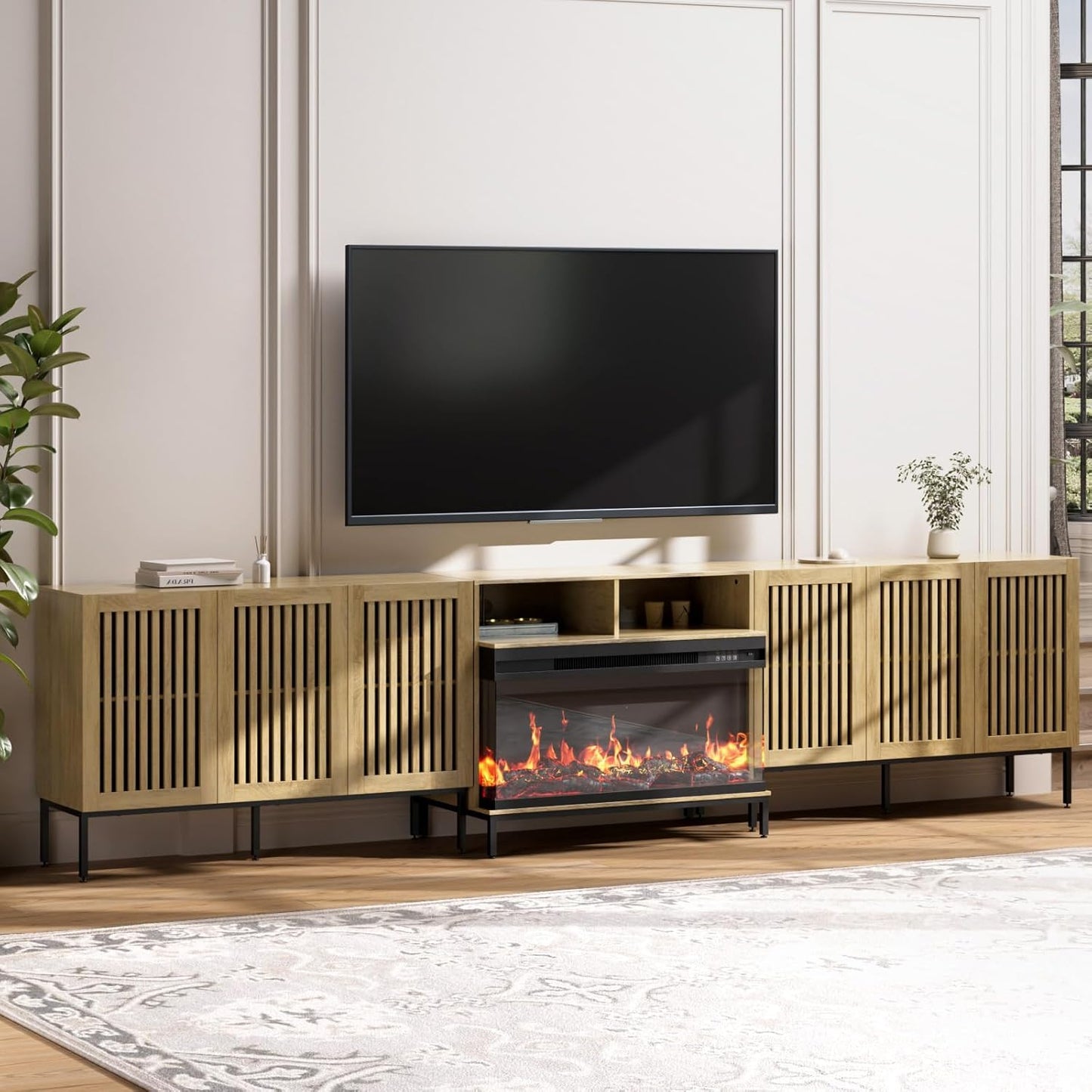 3-Sided Glass Farmhouse Fireplace TV Stand for TVs Up to 110 Inch, Oak Entertainment Center with 36" Electric Fireplace, TV Console with Storage Cabinets for Living Room