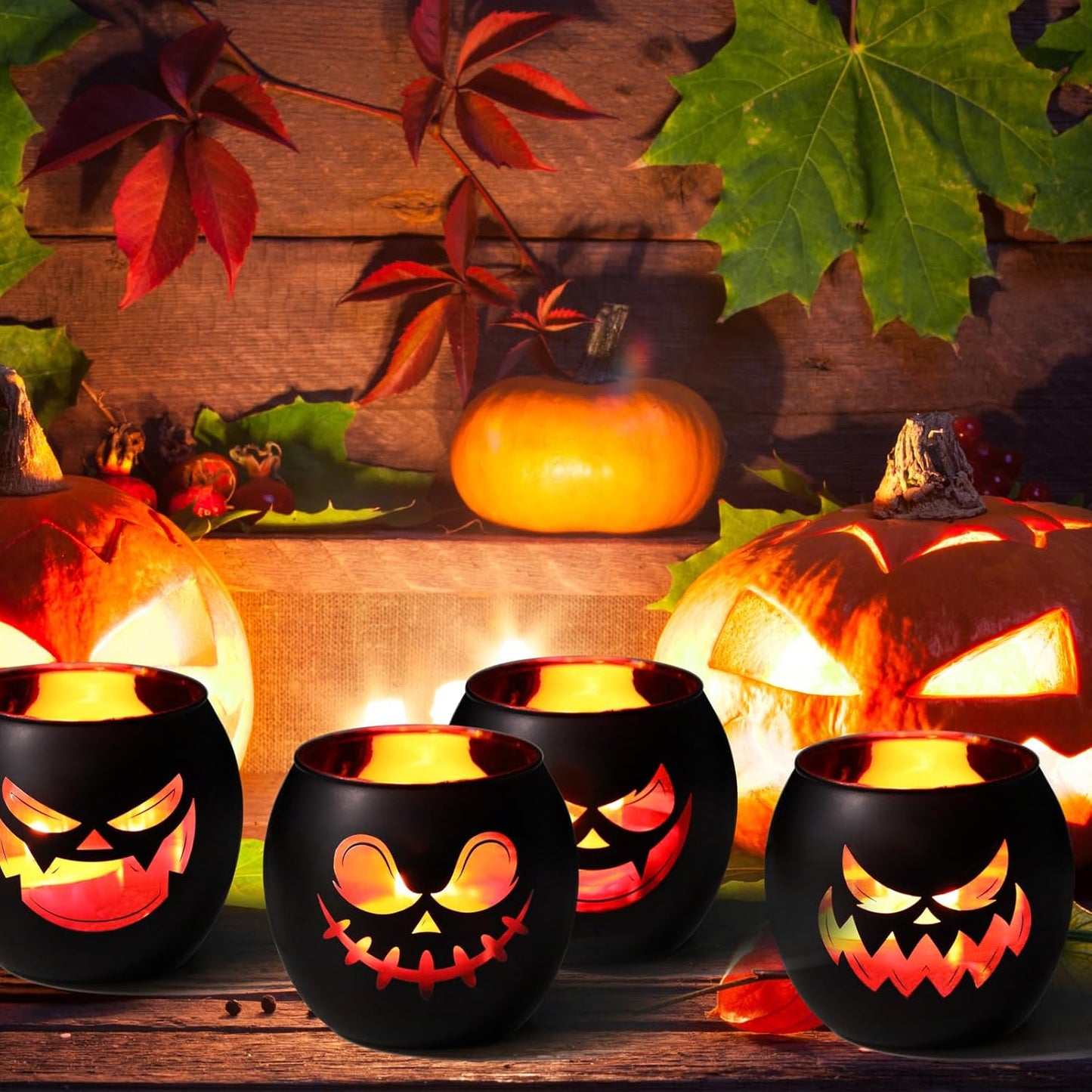 Black Halloween Table Centerpieces Candle Holders 12 PCS, Jack O Lantern Tealight Votive Candle Holders, Indoor Halloween Decorations for Mantel Coffe Table Decor