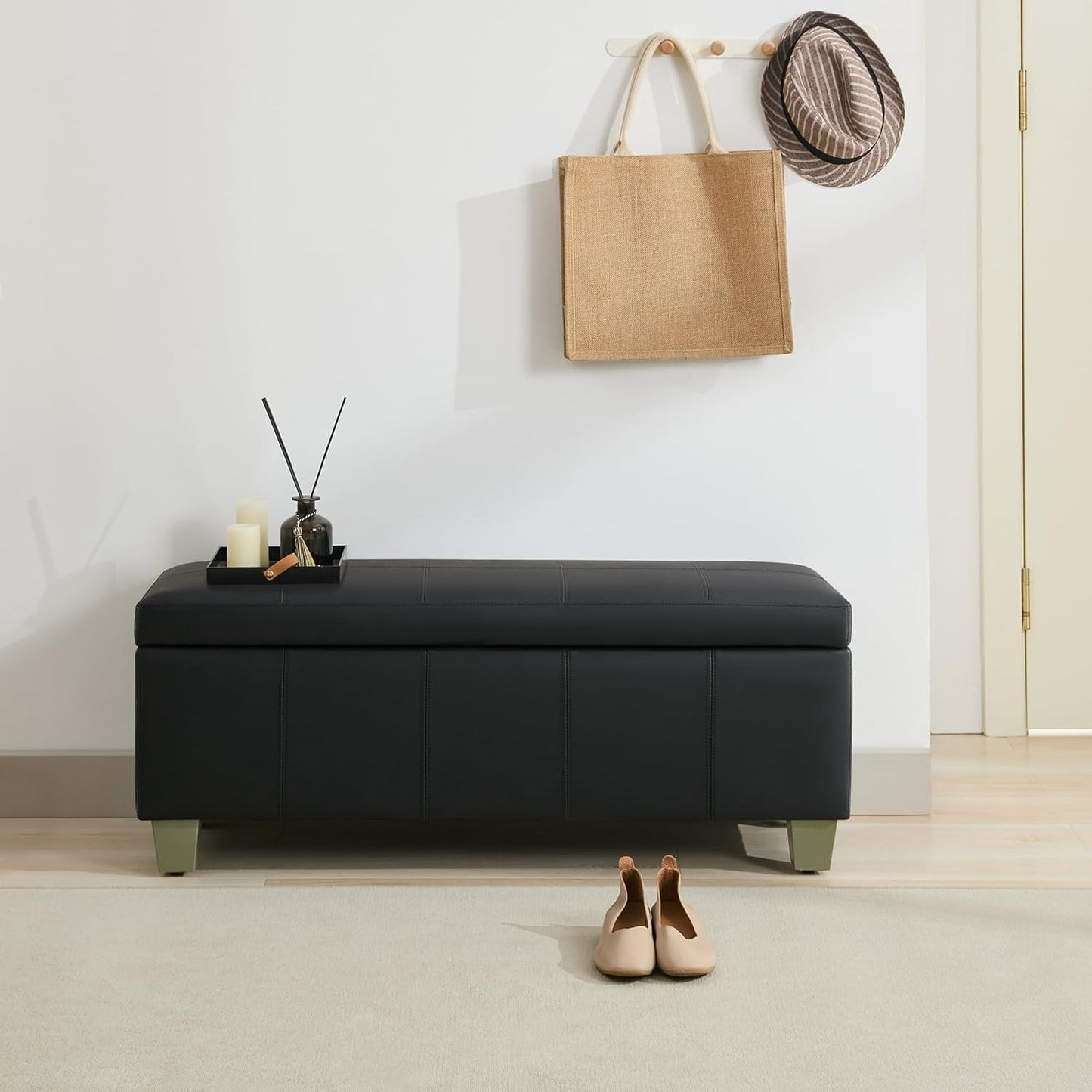41" Faux Leather Storage Ottoman, Stitch Tufted Rectangle Upholstered End of Bed Storage Bench, Entryway Large Couch Ottoman with Wooden Legs, Dark Black
