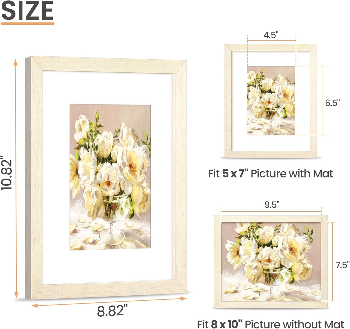 upsimples 8x10 Picture Frame, Natural Solid Wooden Picture Frames, Display 5x7 with Mat or 8 x 10 Without Mat, Wall or Tabletop, 1 Pack, White