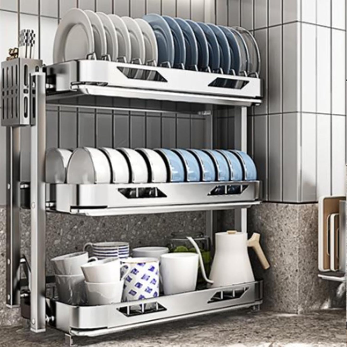Dish Drying Rack with Drain Board - Rustproof Stainless Steel Dish Rack with Utensil Holder,Dish Racks for Kitchen Counter Over Sink,Over-Sink Drying Rack(Countertop,Third Floor)