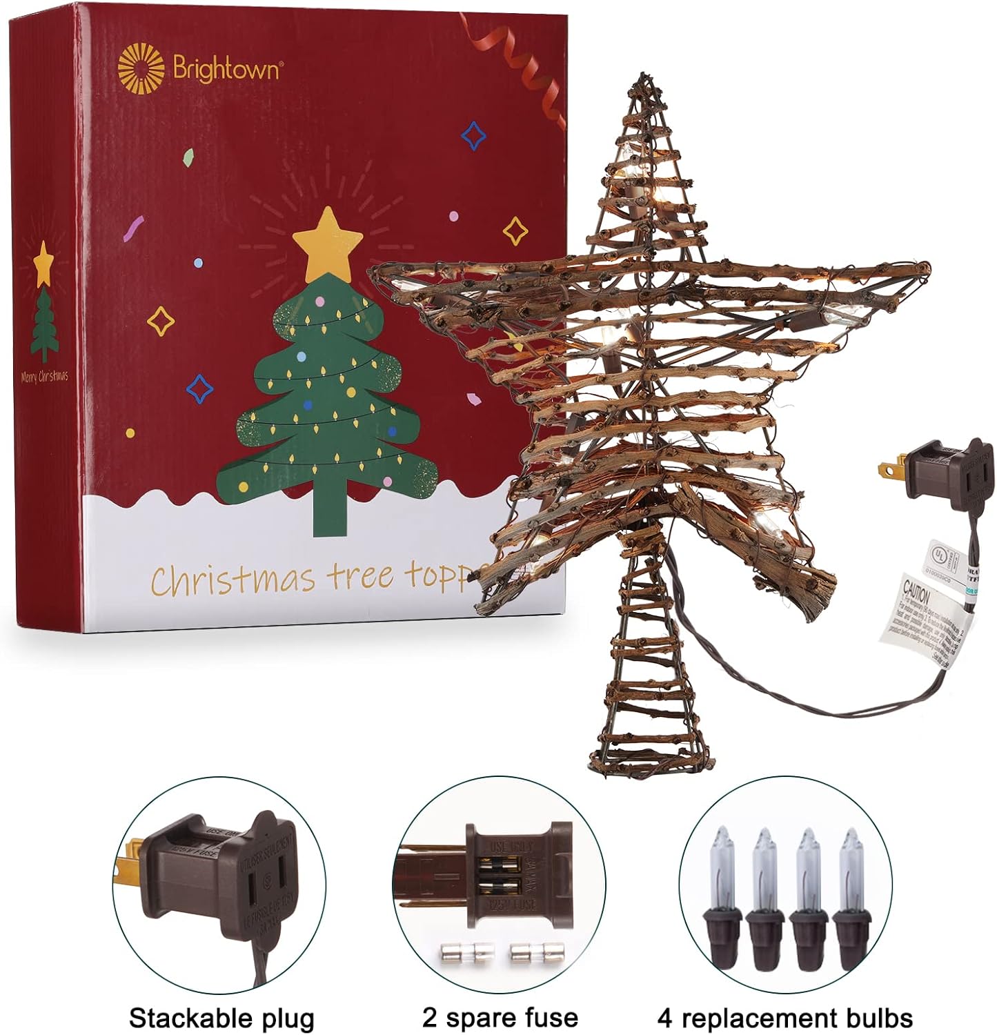 Rattan 3D Star Tree Topper - 12" Rustic Rattan Star with Built-in 10-Bulb String Lights for Christmas Tree Decoration