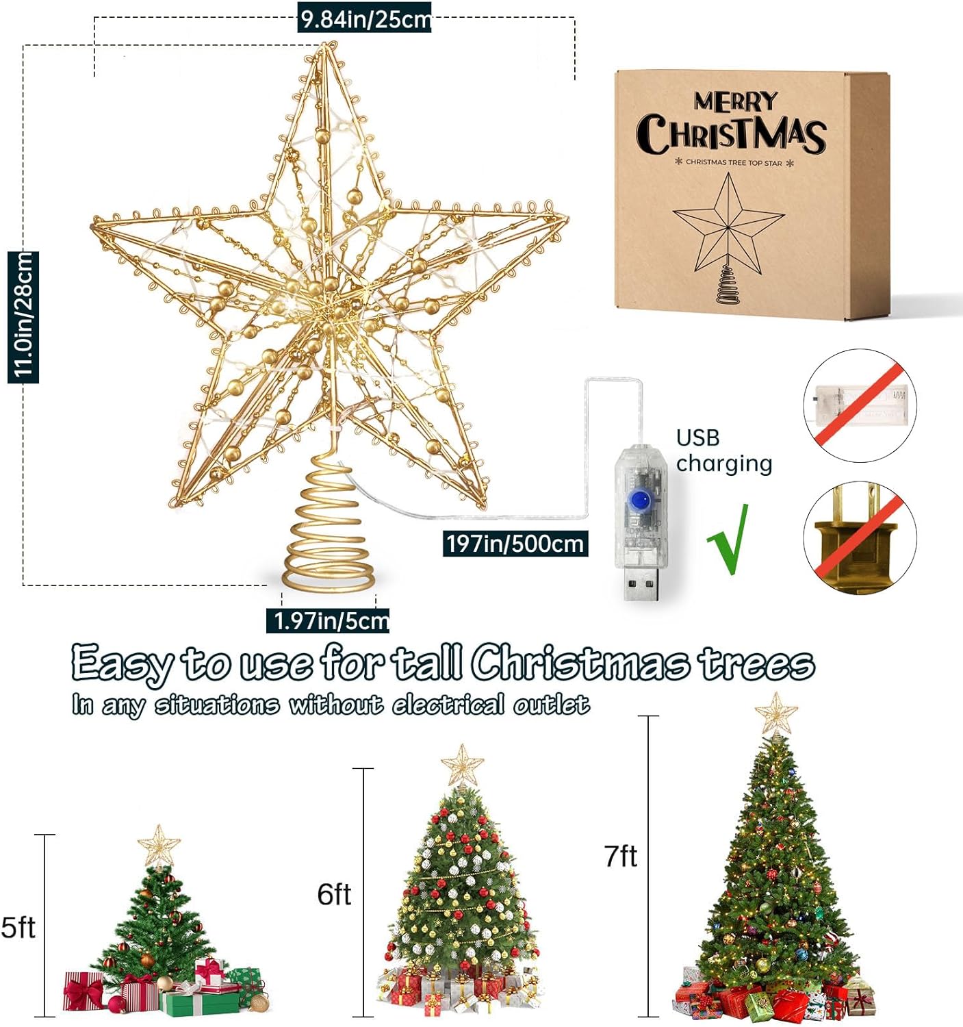 Christmas Tree Topper Star, Gold Star Tree Toppper with 50 Warm LED Lights Glittered Pearl Beads and 8 Lighting Modes Timer for Christmas Tree Decorations and Xmas Holiday Seasonal Decor