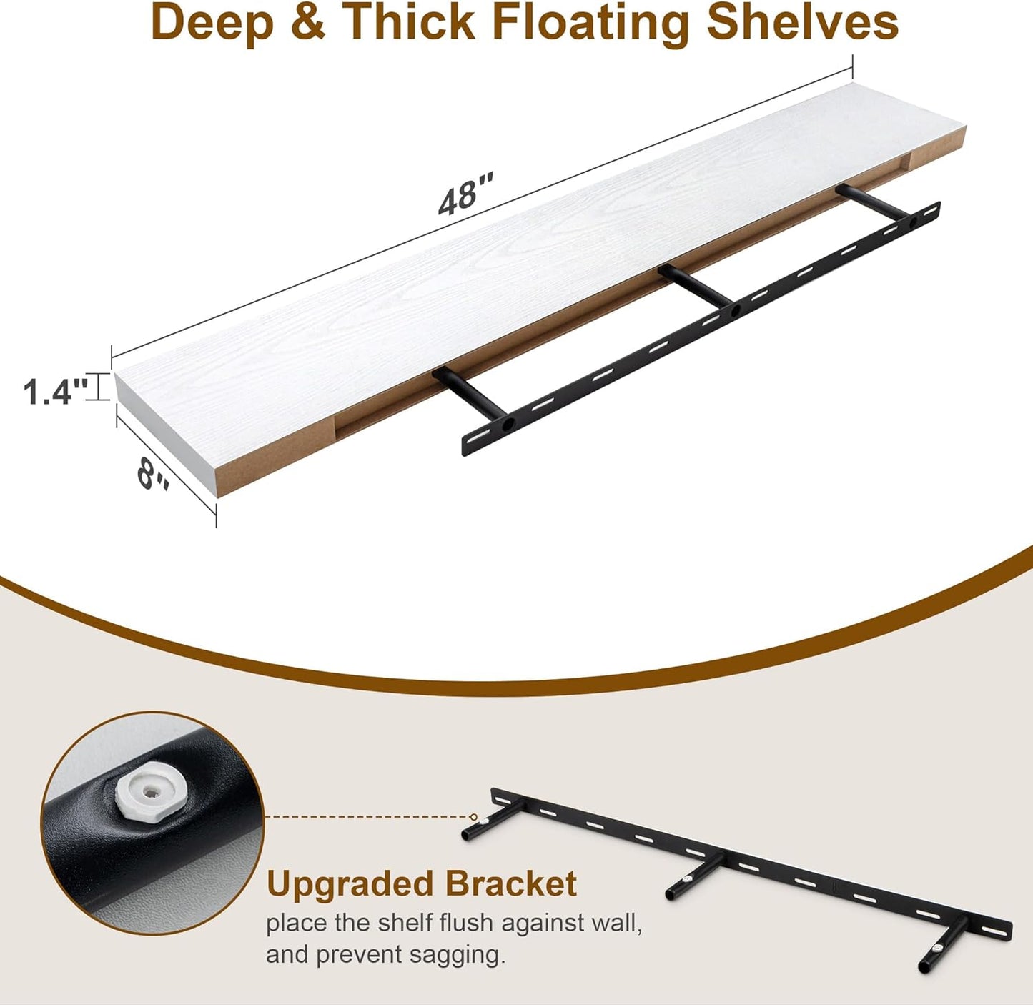 White Floating Shelves 48 Inch Long, 8 Deep Floating Shelves for Wall, Rustic 48" Long Fireplace Mantel, Large 48 x 8 Wall Shelves for Bedroom, Living Room, Bathroom, White Deep Shelves Set of 1