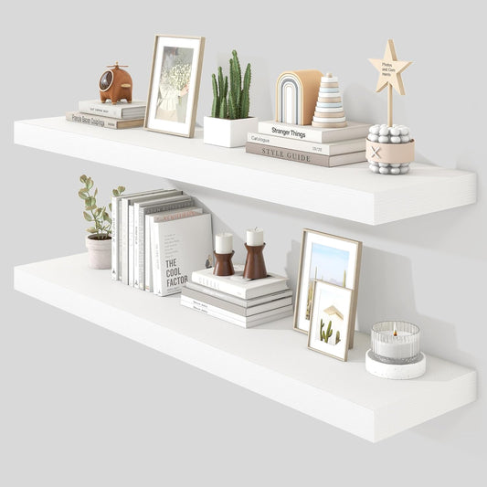 Heimlove 48" White Floating Shelves for Wall,10 Deep Rustic Wood Display & Storage Wall Shelves with Heavy Duty Brackets for Bathroom,Bedroom,Kitchen,Living Room,Office,Set of 2