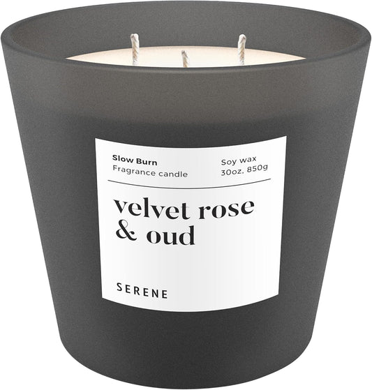 Hidden Label Large Scented Candle, Velvet Rose & Oud, 30oz 3 Wick Huge Candle, Serene Collection Slow Burn Natural Soy Candles for Home Scented