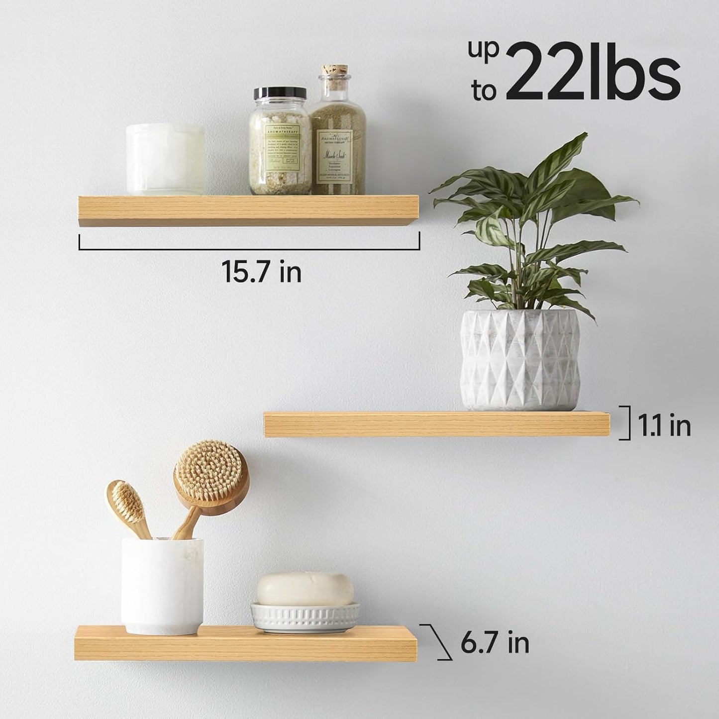BAYKA Floating Shelves for Wall, 22.5 inches Wall Mounted Rustic Wood Shelves for Bathroom, Bedroom, Living Room, Floating Shelves for Books/Storage/Decor (Oak-Toned,Set of 3)