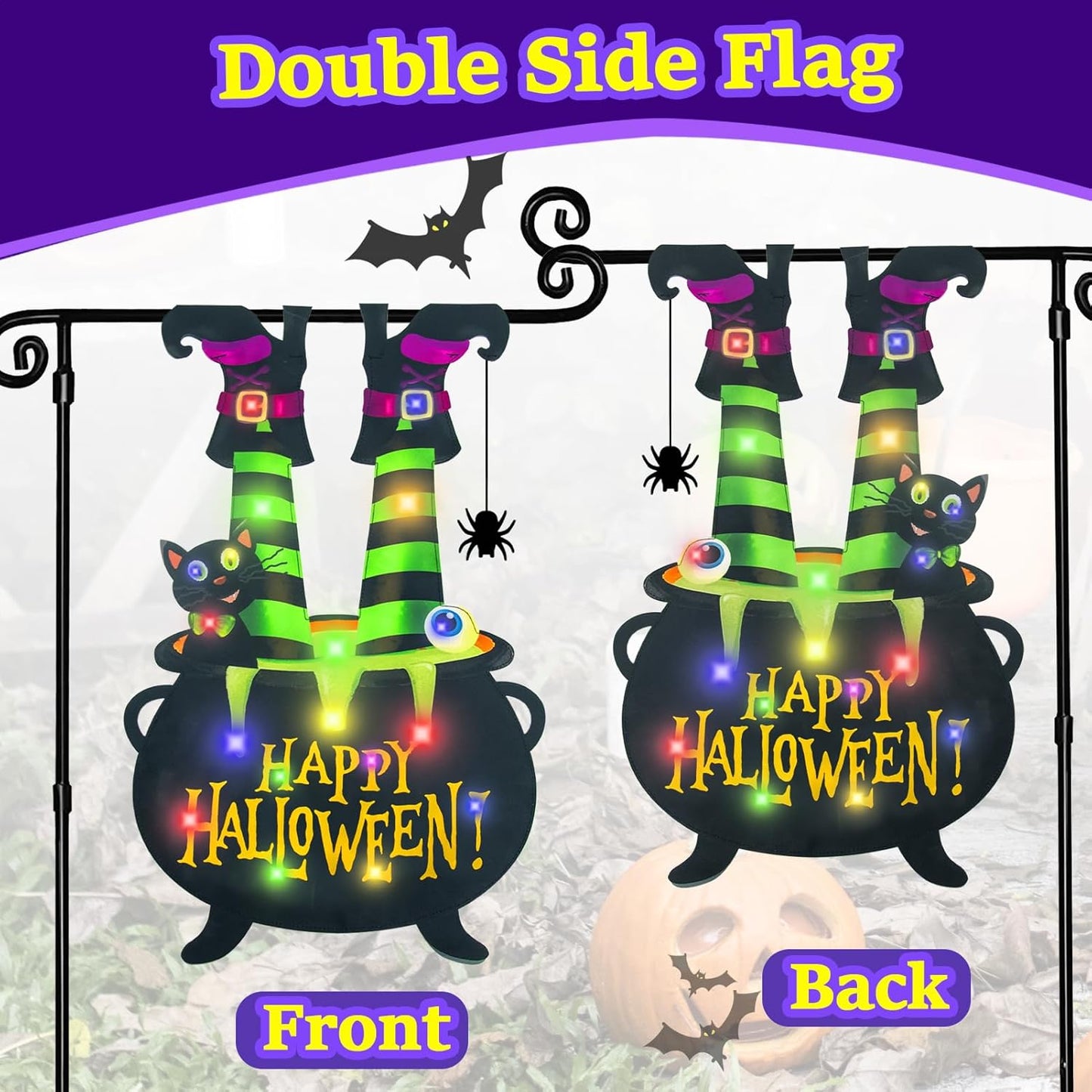 Halloween Lighted Garden Flag for Outside, Witch Feet Shape Flag Yard Decor, 8 Modes 28x40 Double Sided Cauldron Eyeball Black Cat Outdoor Hlloween Decorations for Home Porch（Multi Colored-28x40）