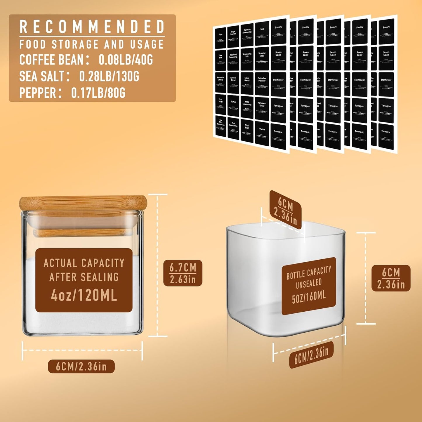 5oz Airtight Square Spice Containers with Bamboo Lid Set of 12 with Black Lables Storage Stackable Spice Jar, Kitchen Canister for Sugar, Tea, Flour, Salt and Seasonings (‎Clear Glass)