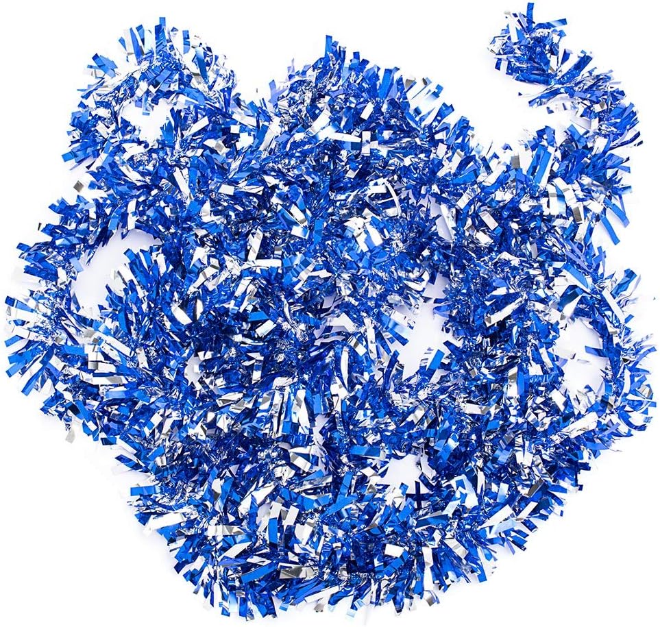 Anderson's Blue & Silver Metallic Tinsel Twist for Trailer Or Golf Cart, 4 inches Wide x 25 ft Long, Christmas, Birthday, Patriotic, Graduation and Holiday Garland Decor for Parties and Parades