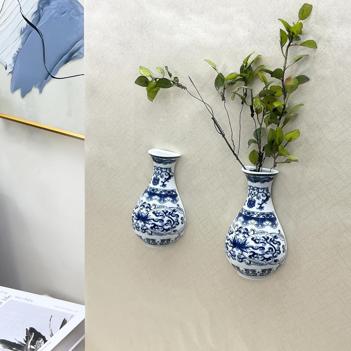 Set of Two Blue and White Porcelain Wall Vases for Flowers – Handmade Chinoiserie Ceramic Wall Mounted Flower Vase, Decorative Hanging Vases for Living Room, Bookshelf & Indoor Décor