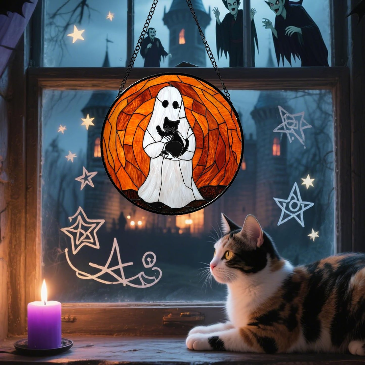 Stained Glass Window Hanging - Halloween Cute White Ghost Black Cat Suncatcher for Doors Garden Home Spooky Orange Sun Catchers Gothic Decor Horror Gift for Women Men Friend Boy Girl 6.3 in