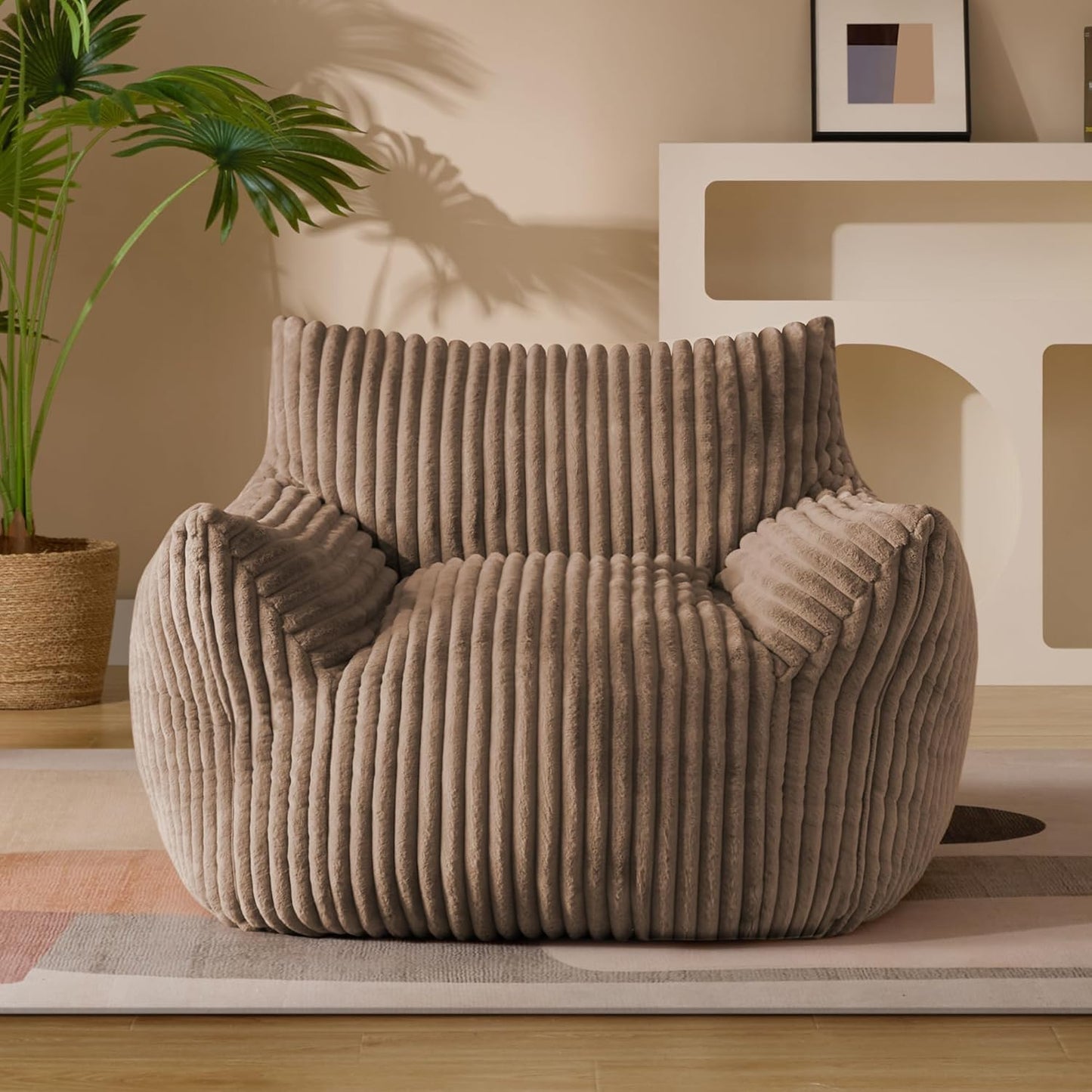 Giant Plush Bean Bag Chair for Adults with Armrests - Oversized Comfy Khaki Beanbag Lounge Lazy Floor Sofa Chair for Living Room, Bedroom & Dorm, Cozy Fluffy Single Cloud Mini Couch