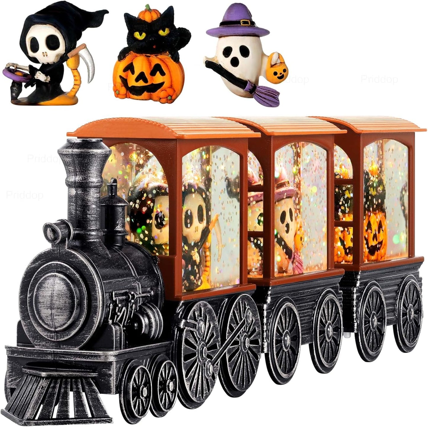 Halloween Snow Globe Train Skeleton Reaper Black Cat Pumpkin Ghost Classic Relief Texture Battery Powered LED Glitter Halloween Decorations Indoor
