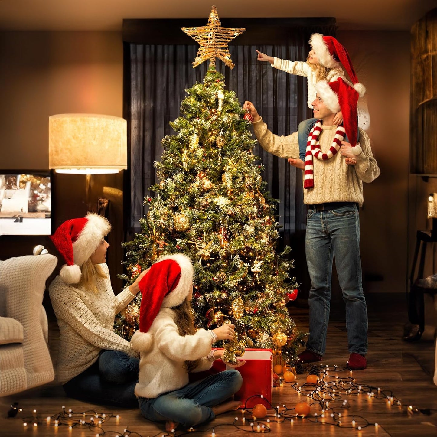 Rattan 3D Star Tree Topper - 12" Rustic Rattan Star with Built-in 10-Bulb String Lights for Christmas Tree Decoration