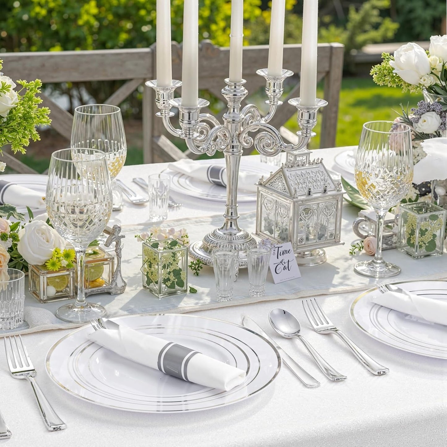 350 Pcs Silver Plastic Plates - Silver Dinnerware Set of 50 Dinner Plates 50 Dessert Plates 50 Silverware 50 Napkins 50 Cups for Party&Wedding