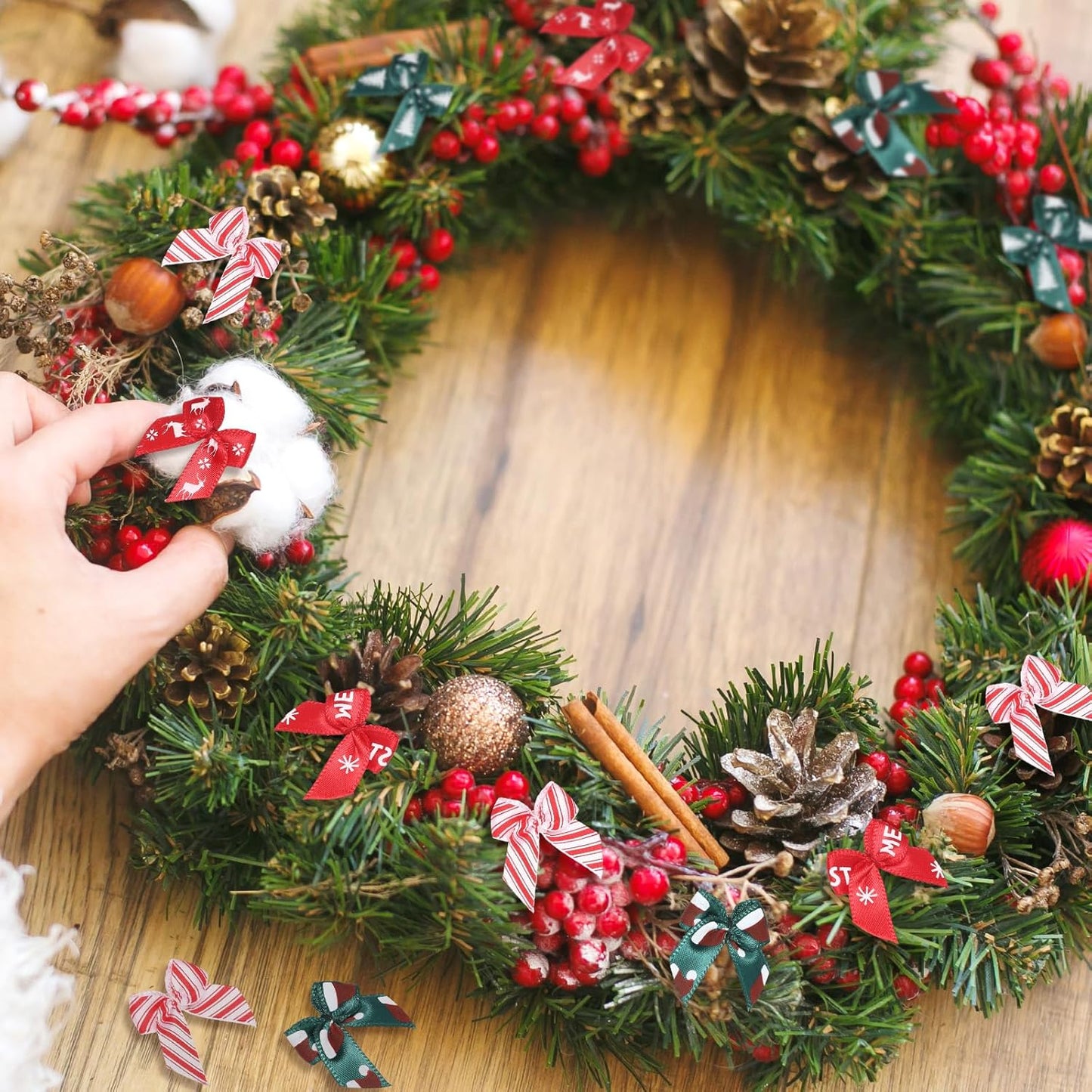 Syhood 150 Pcs Christmas Mini Bow Tiny Twist Tie Bow Handmade Craft Ribbon for DIY Sewing Party Decor(Red and Green,Patterned)