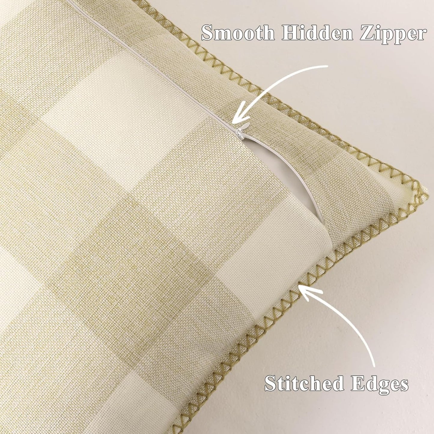 decorUhome Buffalo Plaid Check Fall Throw Pillow Covers 22x22 Set of 2, Outdoor Decorative Farmhouse Pillow Covers with Stitched Edge for Bed Couch Sofa, Cream White and Beige