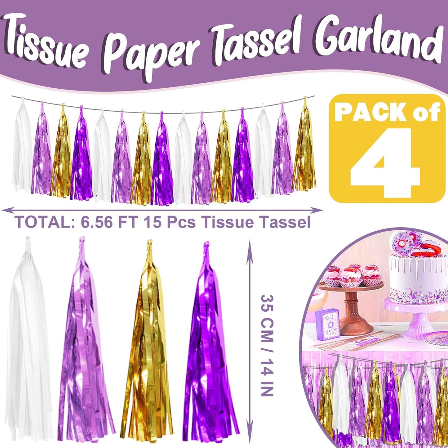 4P Purple-Gold Foil Fringe Metallic Tassel Garland, Tassels Banner Streamers for Parade Floats, Bachelorette, Wedding, Birthday, Halloween, Christmas, Bridal/Baby Shower Party Decorations